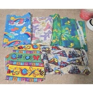 VTG Cranston Village and Misc Fabric Scraps Care Bears Tweety Teddy Bear Trains